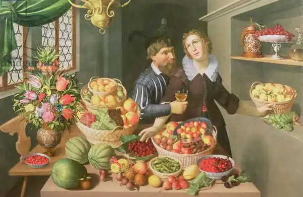 Flegel, Georg: Uomo e donna davanti a una tavola imbandita di frutta e verdura