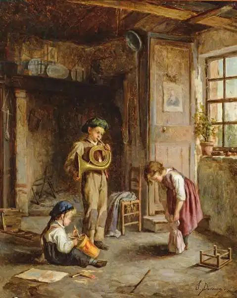Devaux, J.: Garçons avec du klaxon et du tambour français, 19e siècle