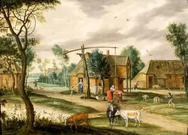 Oosten, Isaak van: Un paysage villageois avec une femme tirant de l