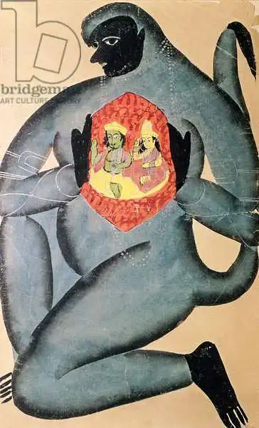 Indian school (19th century): Hanuman revealing Rama and Sita enshrined in his heart, painted by a member of the Patua caste