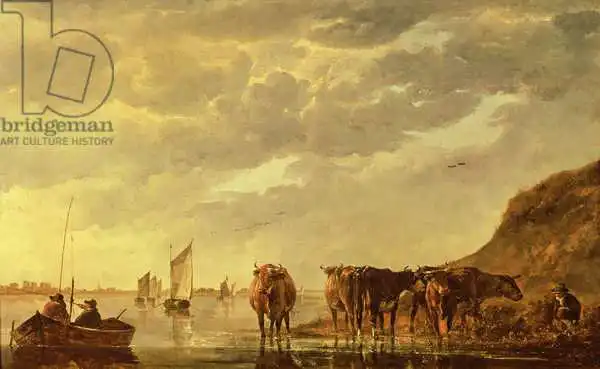 Cuyp, Aelbert: A herdsman with five cows by a river