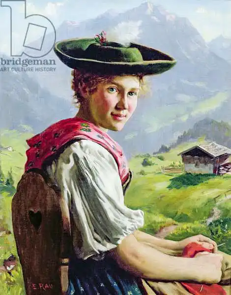 Rau, Emil Karl: Girl with a Hat in Mountain Landscape