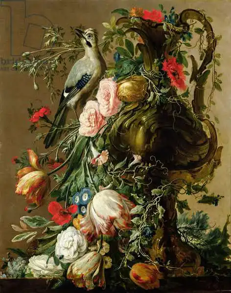 Vonck, Jacobes: Un vase en pierre sculpté avec des roses, des auricula, des coquelicots, du convulvulus, avec un jay sur un rebord