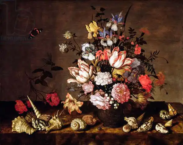 Ast, Balthasar van der: Still life of a vase of flowers with shells