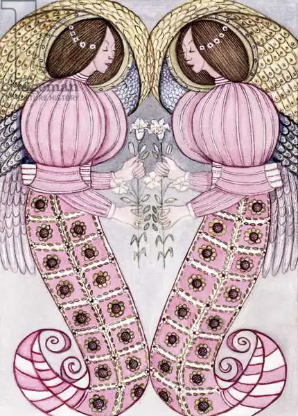Lawson, Gillian: Two angels holding tiger lilies
