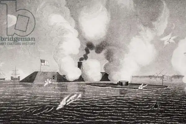 American school (19th century): Combat between the Confederate CSS Virginia (left) and the Union USS Monitor (right) on March 9th 1862 at Hampton Roads, Virginia