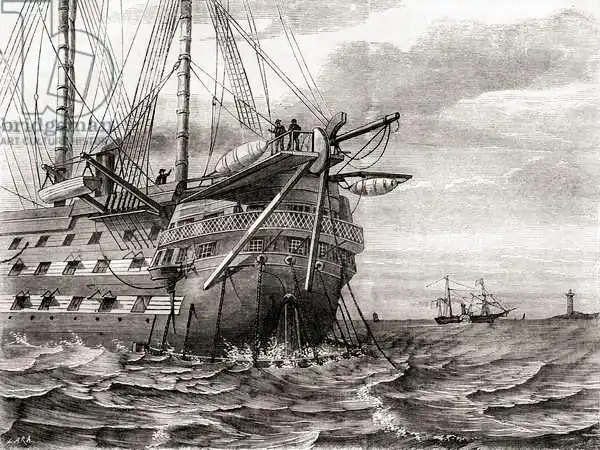 French school (19th century): The HMS Agamemnon laying the transatlantic telegraph cable, 2 August, 1858, from Les Merveilles de la Science, publishe