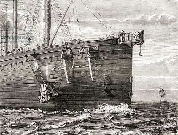 French school (19th century): The S.S. Great Eastern launching a buoy into the sea to mark the spot of a lost transatlantic telegraph cable, 1865, from Les Merveilles de la Science, publishe