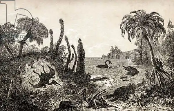 English school (19th century): Paesaggio giurassico