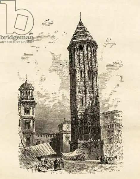 English school (19th century): Torre pendente di Saragozza, illustrazione da "Spanish Pictures" del Rev. Samuel Manning