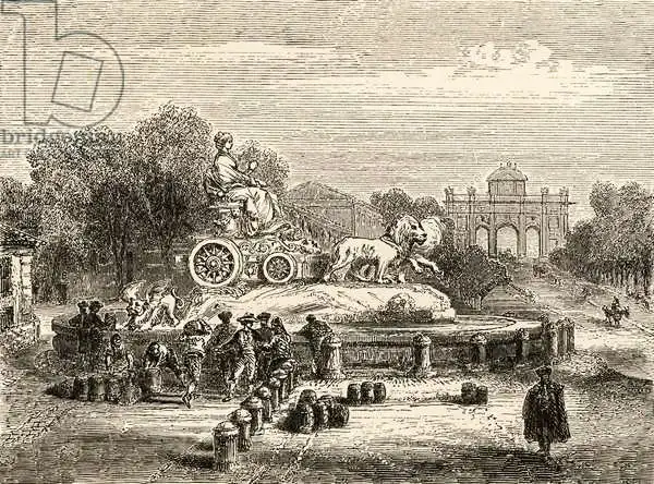 English school (19th century): Fontana di Cibeles, Madrid, illustrazione da "Spanish Pictures" del Rev. Samuel Manning