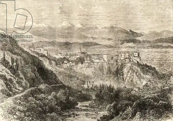 English school (19th century): Veduta di Granada, illustrazione da "Spanish Pictures" del Rev. Samuel Manning