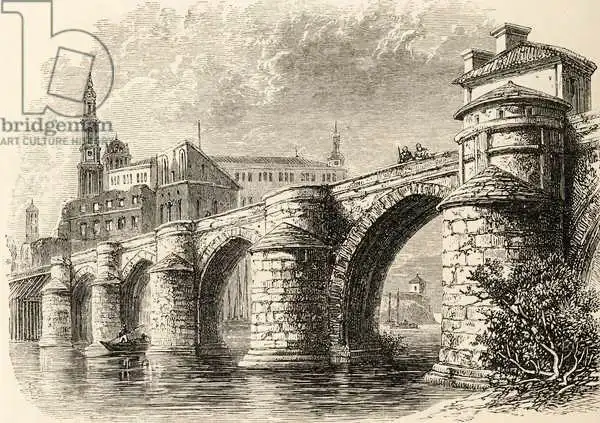 English school (19th century): Bridge at Saragossa, Spain, from 