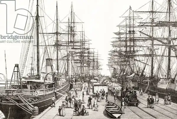 English school (19th century): Un molo ferroviario a Melbourne, da "Australian Pictures" di Howard Willoughby, pubblicato dalla Religious Tract Society di Londra.