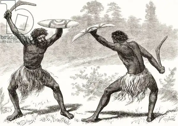 English school (19th century): Un combattimento di Waddy, da "Australian Pictures" di Howard Willoughby, pubblicato dalla Religious Tract Society di Londra.