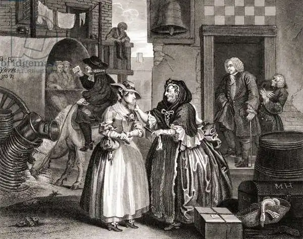 Hogarth, William: The Harlots Progress ensnared by a procuress, from The Works of Hogarth published London 1833
