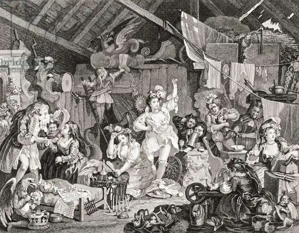 Hogarth, William: Strolling Players rehearsing in a Barn, engraved by G Presbury, from The Works of Hogarth published London 1833