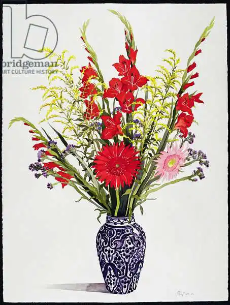 Ryland, Christophe: Tiger Lylies, Gladiolit et Scabious dans un vase marocain bleu