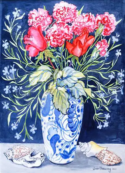 Thewsey, Joa: Roses, Carnations and Lobelia in a Blue and White Vase,3 Shells Textiles 2011