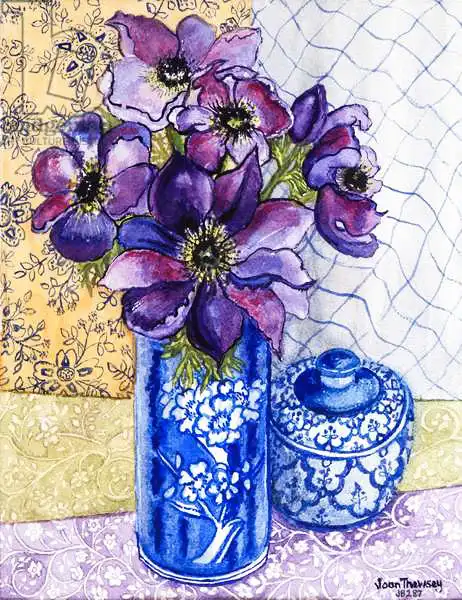 Thewsey, Joa: Anemones in a Blue and White Vase with Pot and Textiles 2012