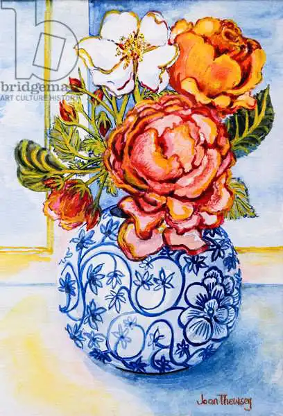 Thewsey, Joa: Cottage Roses, Round Blue and White Vase 2004