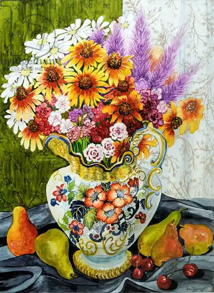 Thewsey, Joa: Victorian Jug with Mixed Flowers, Pears and Cherries