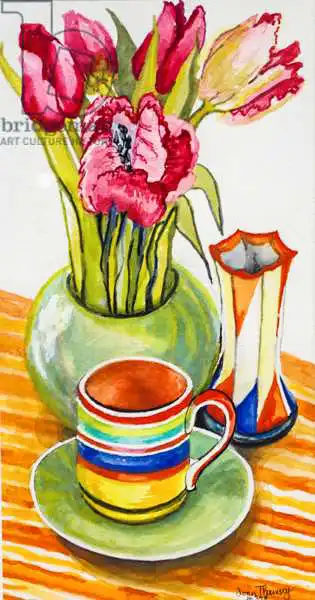 Thewsey, Joa: Striped Cup with Saucer, Vase and Tulips