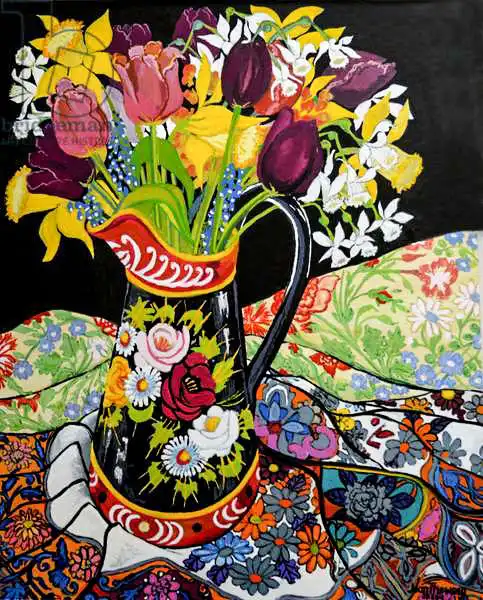 Thewsey, Joa: Canal Boat Jug, Daffodils and Tulips