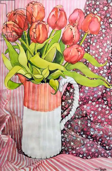 Thewsey, Joa: Tulips in a Pink and White Jug