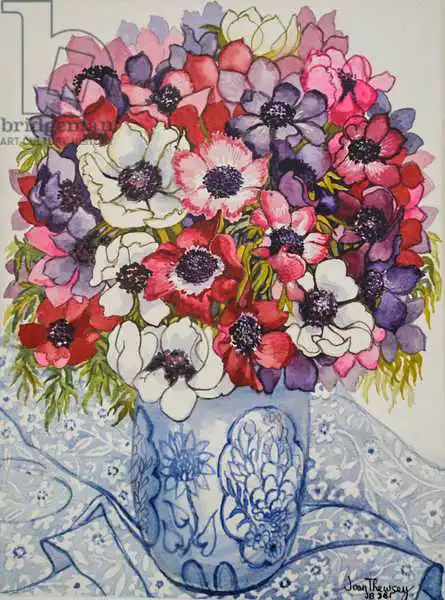 Thewsey, Joa: Anemones in a Blue and White Pot, with Blue and White Textile