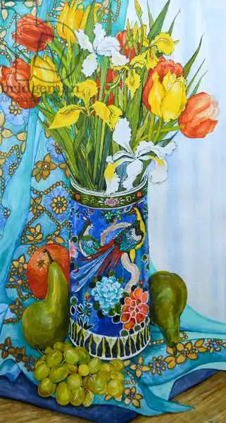 Thewsey, Joa: Tulips and Iris in a Japanese Vase, with fruit and textiles