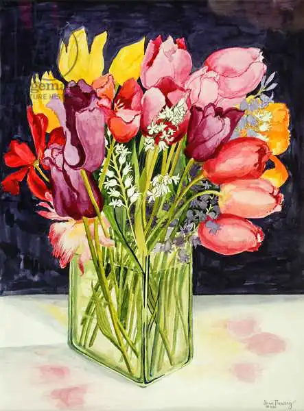 Thewsey, Joa: Tulips and Bluebells in a Rectangular Glass Tub