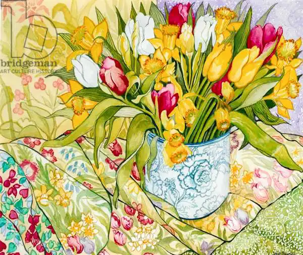 Thewsey, Joa: Tulips and Daffodils with Patterned Textiles