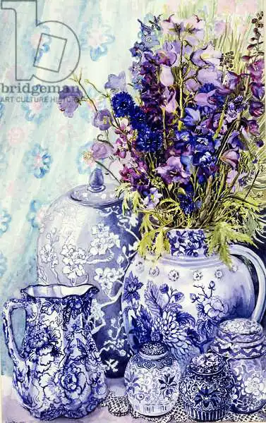 Thewsey, Joa: Delphiniums with Antique Blue Pots