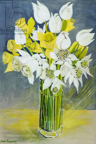 Thewsey, Joa: Daffodils and white tulips in an octagonal glass vase