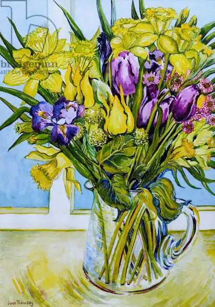 Thewsey, Joa: Daffodils and tulips in a glass jug by a window