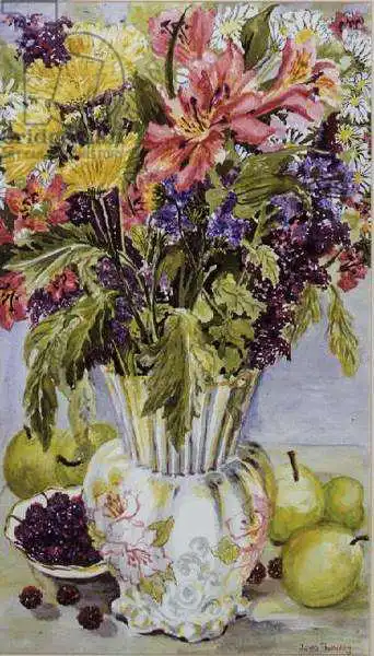 Thewsey, Joa: Mûres et pommes avec une cruche de fleurs mélangées