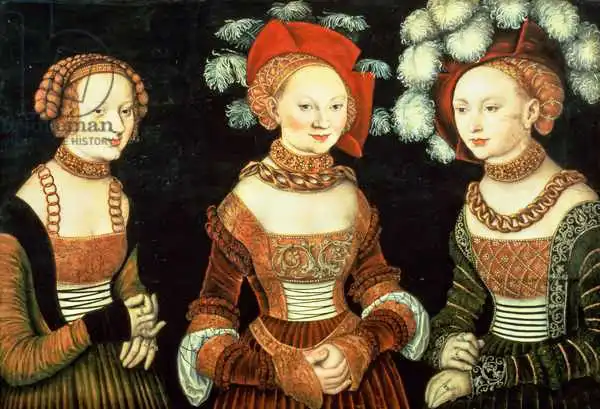 Cranach, Lucas: Le tre principesse di Sassonia, Sibilla (1515-92), Emilia (1516-91) e Sidonia (1518-75), figlie del duca Heinrich di Frommen, sono state condannate a morte.