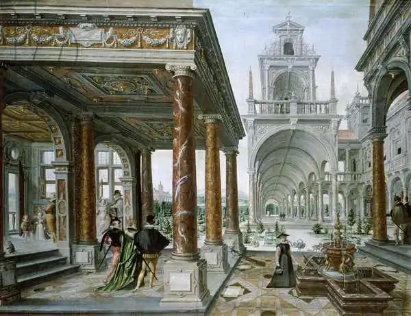 Vredeman de Vries, Hans or Jan: Cappricio of Palace Architecture avec des figures promenade