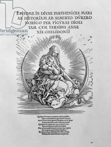 Dürer, Albrecht: Madonna en tant que mère infirmière et divine, page de titre de la série «The Life of the Virgin», pub. 1511