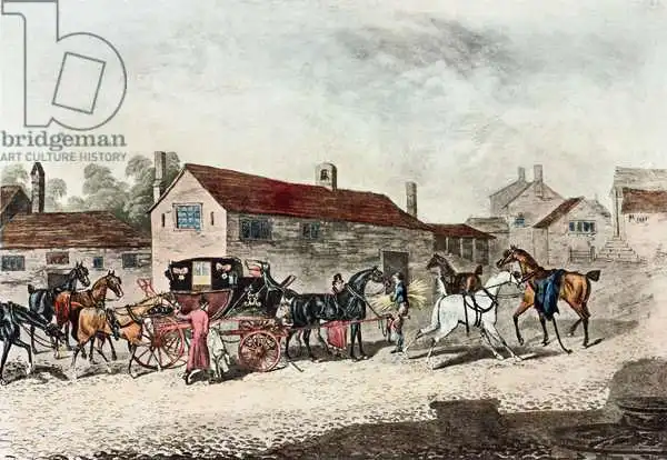 Pollard, James: The Mail Coach Changing Horses, engraved by R. Havell