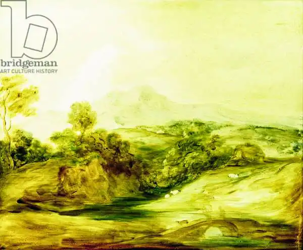 Gainsborough, Thomas: Wooded River landscape with figures on a bridge, c.1783-4