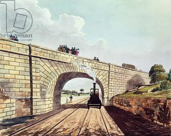Bury, Johann Friedrich: Rainhill Bridge, planche 12 de "Liverpool and Manchester Railway", gravé par Henry Pyall (1795-1833), publié par Ackermann and Co.