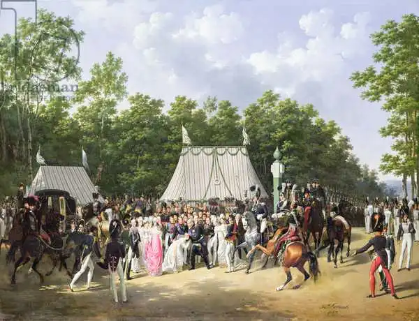 Lecomte, Hippolyte: Louis XVIII (1755-1824) Greeting Marie-Caroline-Ferdinande de Bourbon, Princess of Sicily, at the Croix de Saint-Herem in the Forest at Fontainebleau, 15th June 1816