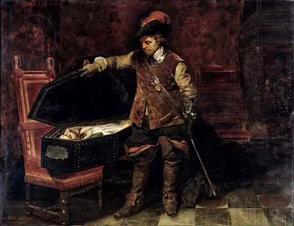 Delaroche, Paul: Oliver Cromwell (1599-1658) Opening the Coffin of Charles I (1600-49) 1831