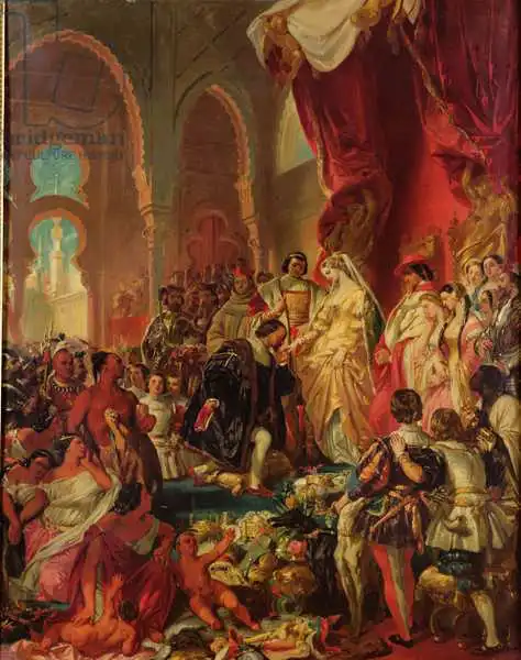 Deveria, Eugene: Christopher Columbus (1450-1506) Before Ferdinand II (1452-1516) of Aragon and Isabella (1451-1504) of Castille