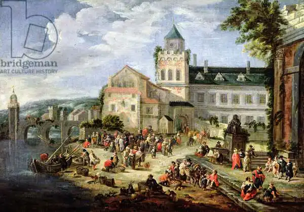 Schoevaerdts, Mathys: Market on the Banks of a River