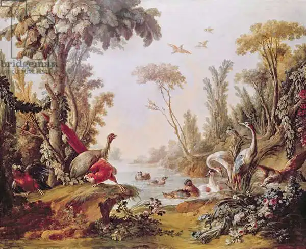 Boucher, Francois: Lake with geese, storks, parrots and herons, from the Salon of Gilles Demarteau (1722-76) c.1750-65