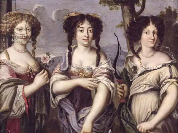 French school (17th century): Portrait of three of the nieces of Cardinal Mazarin portrayed as goddesses, Venus, Juno and Diana
