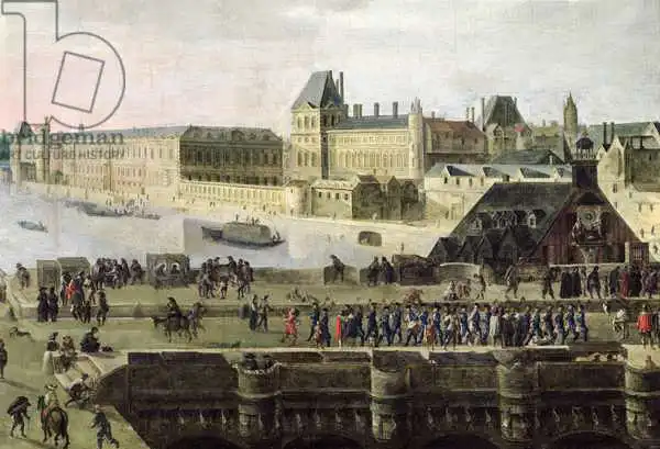 Flemish school (17th century): View of the Pont-Neuf and the River Seine looking downstream, detail of the bridge and the Louvre
